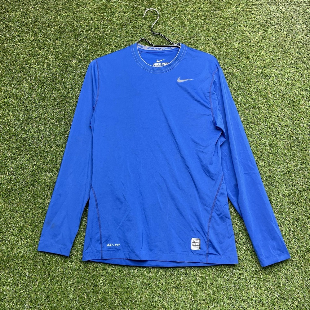 Nike Pro Combat Dri-FIT Shirt Mens Medium Blue Fitted Long Sleeve Training Gym
